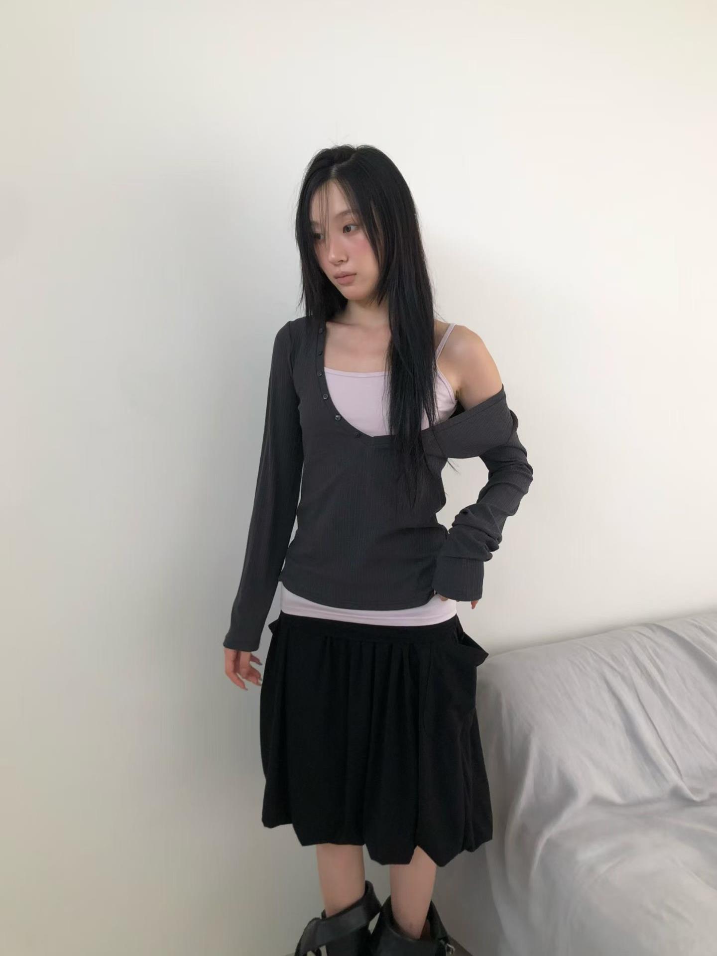 細肩背心+鈕扣坑條棉上衣兩件組
